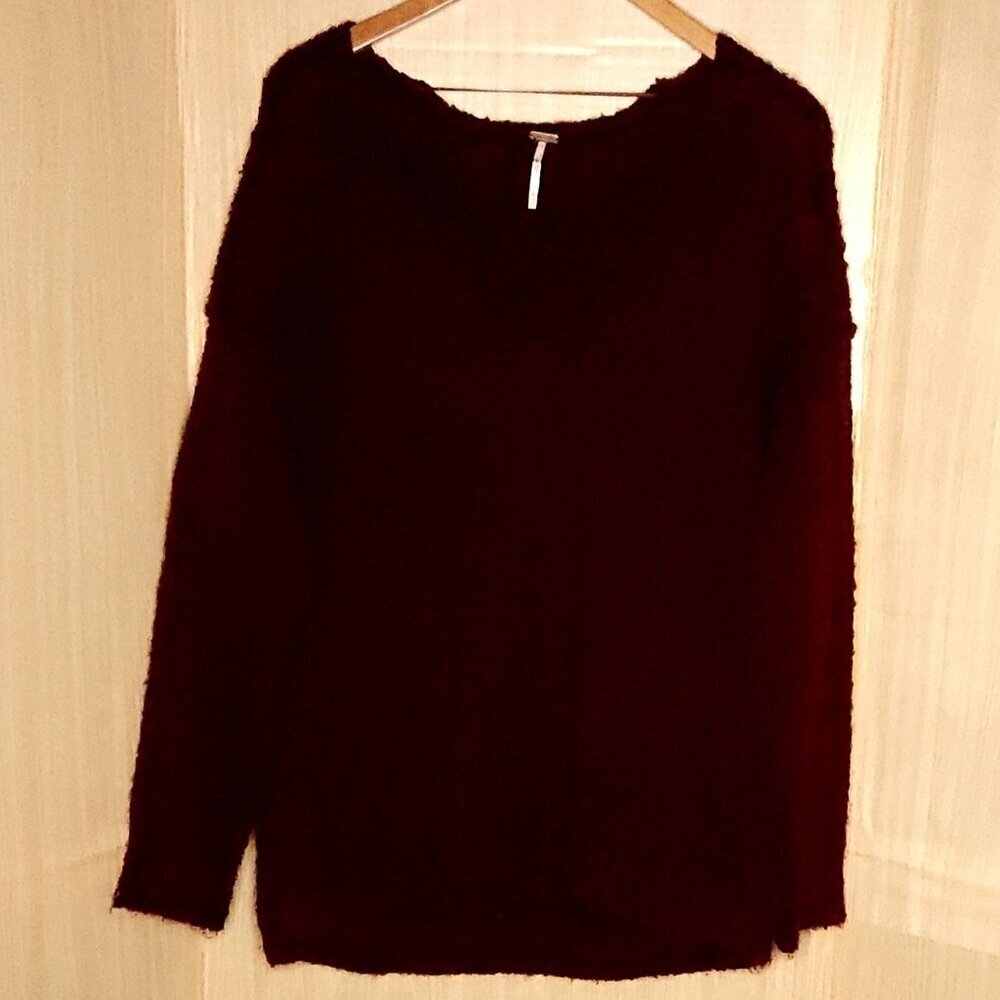 Free People Maroon Red Oversized Alpaca Blend Deep V Neck Sweater Large